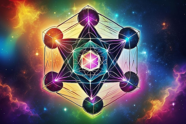 Il cubo di Metatron, geometria sacra su uno sfondo sfocato colorato.