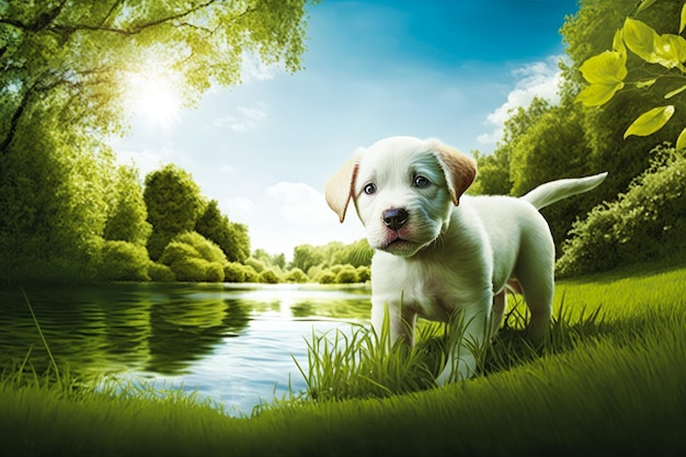 Il cucciolo bianco è in piedi davanti al lago IA generativa
