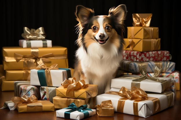 Il cucciolo di collie si siede sullo sfondo di scatole con regali calendario dell'avvento con cartolina per animali domestici