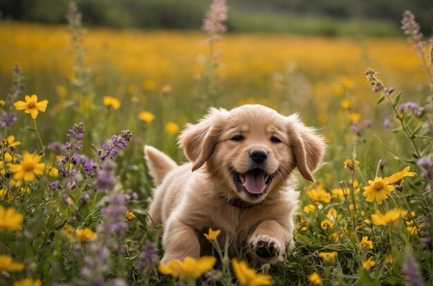 Il cucciolo di golden retriever giace tra i fiori