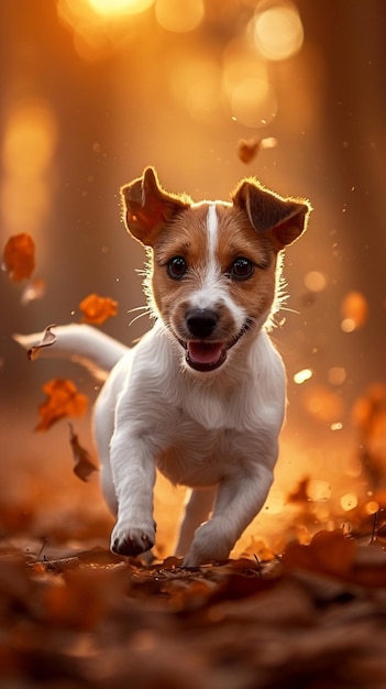 Il cucciolo di Jack Russell terrier che si scatena nella foresta in un vivace gioco autunnale Sfondo mobile verticale