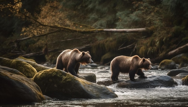 Il cucciolo di orso in via di estinzione gioca vicino all'acqua tranquilla generata dall'AI