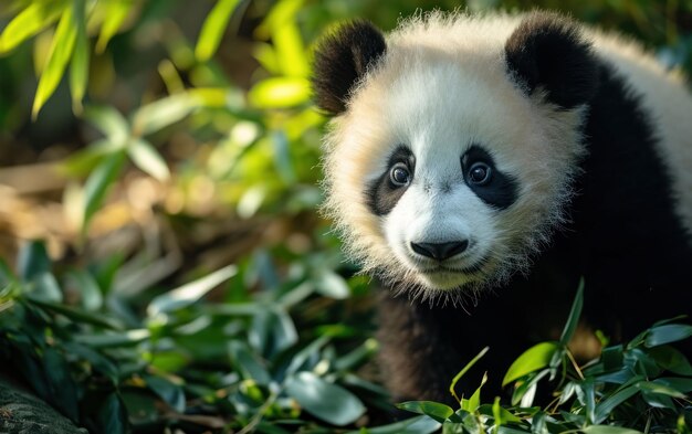 il cucciolo di panda esplora con entusiasmo i suoi dintorni con curiosità