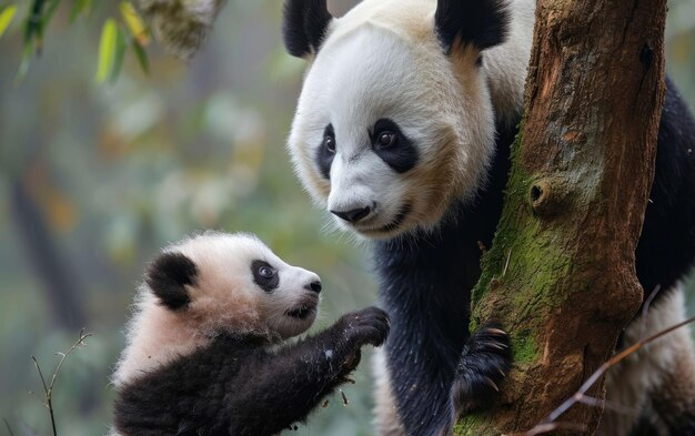 Il cucciolo di panda impara a arrampicarsi sotto l'occhio vigile della madre