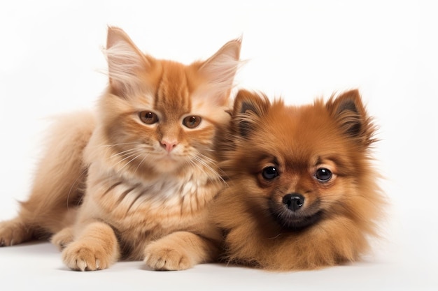 Il cucciolo di Spitz e il gatto rosso sono rannicchiati e guardano la telecamera isolata su uno sfondo bianco