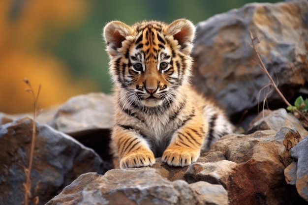 Il cucciolo di tigre sullo sfondo della roccia La posa della tigre mentre è seduto sulle rocce in cima a una montagna