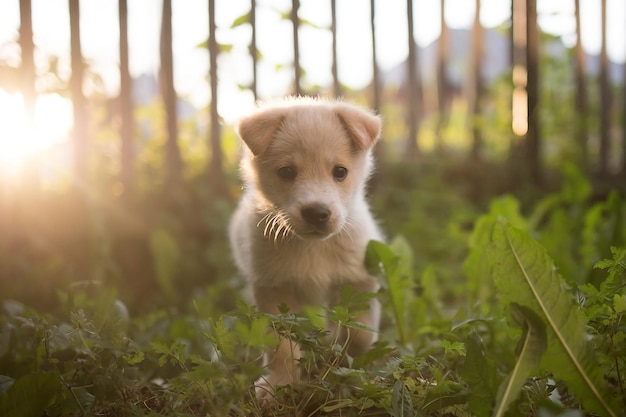 Il cucciolo divertente e carino si siede al tramonto nell'erba verde