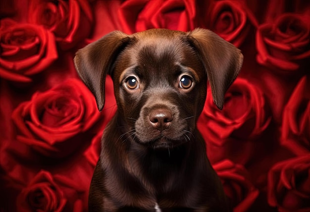 il cucciolo ha grandi occhi su uno sfondo di rose rosse