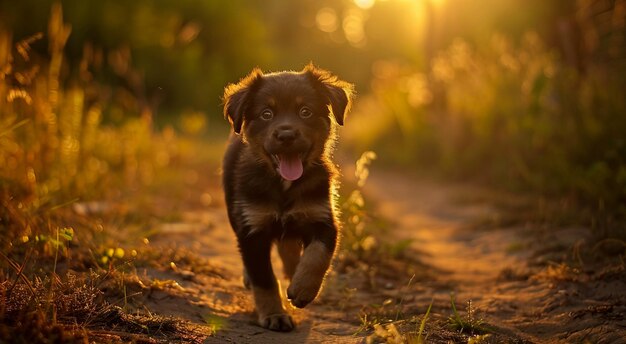 il cucciolo più felice in una passeggiata mattutina lungo una strada di terra durante la luce mattutina