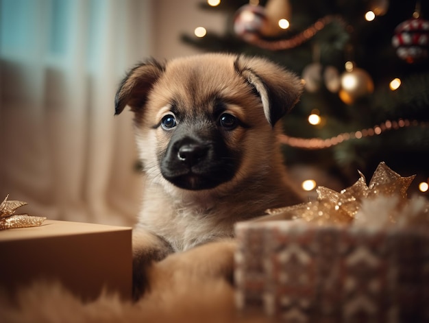 Il cucciolo si siede vicino all'albero di Natale con i regali nella stanza