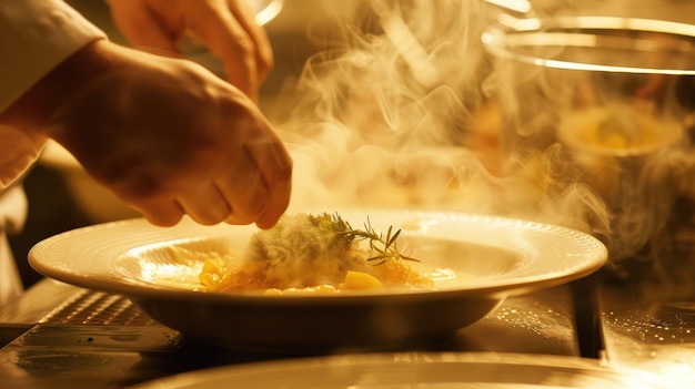 Il cuoco AI generativo sta guarnendo un piatto sul piatto cucinando con una padella bollente a vapore