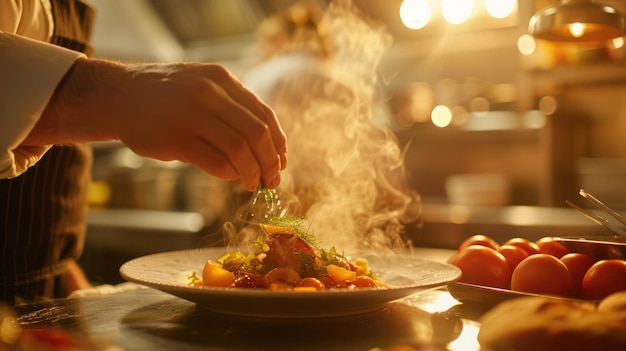 Il cuoco AI generativo sta guarnendo un piatto sul piatto cucinando con una padella bollente a vapore