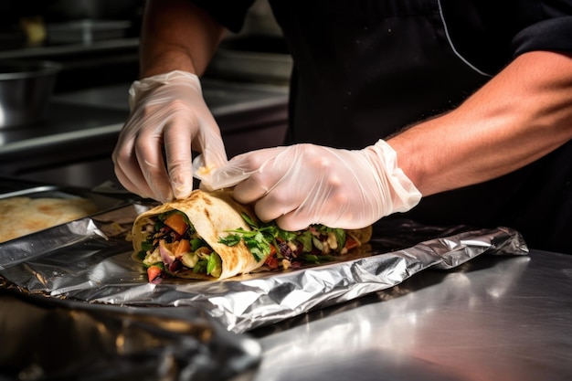 Il cuoco avvolge il panino in aluminio prima di grigliarlo