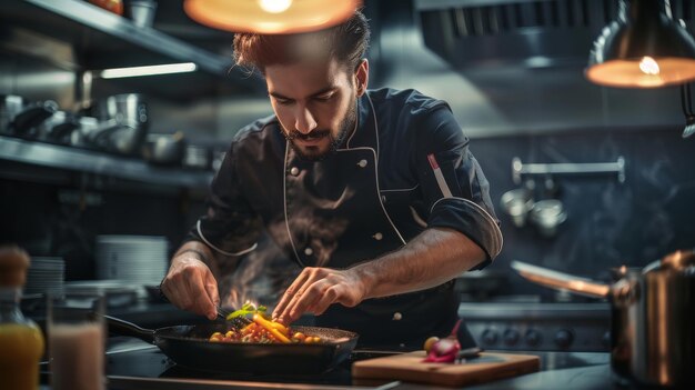 Il cuoco decora accuratamente il piatto giovane chef professionista aggiungendo un po 'di piccantezza al pasto in moderno