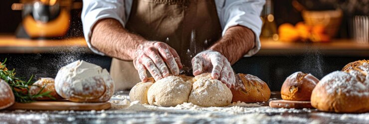 Foto il cuoco prepara la pasta di pane su una superficie farina