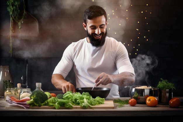 Il cuoco prepara un delizioso piatto sano