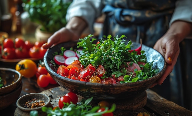 Il cuoco prepara un'insalata di verdure in una ciotola di legno