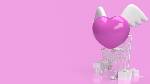 Il cuore rosa e il carrello del supermercato bianco dell'ala bianca e la confezione regalo su sfondo rosa rendering 3d