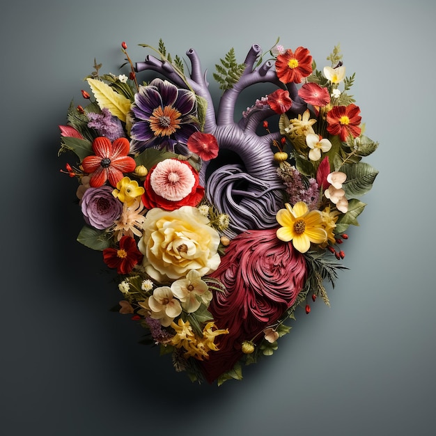 Il cuore umano con fiori su una illustrazione di sfondo chiaro