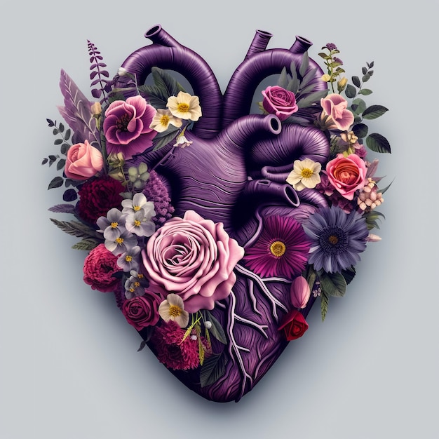 Il cuore umano con fiori su una illustrazione di sfondo chiaro