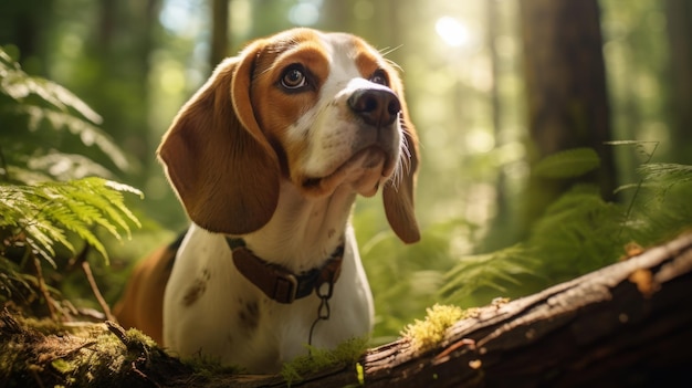 Il curioso beagle annusa dolcetti nascosti nella foresta