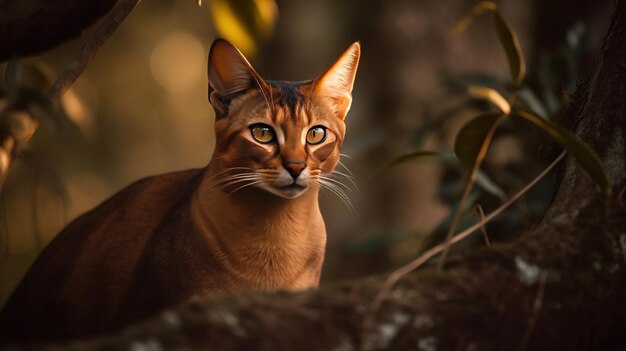 Il curioso gatto abissino sale sull'albero Uno scorcio dell'avventuroso spirito felino