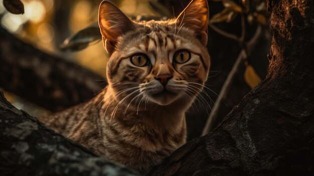 Il curioso gatto Devon Rex sale su un albero Uno scorcio di un'avventura felina bizzarra