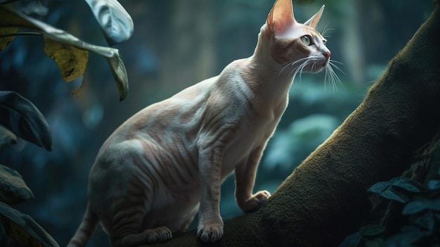 Il curioso gatto Sphynx sale sull'albero Uno scorcio di esplorazione felina