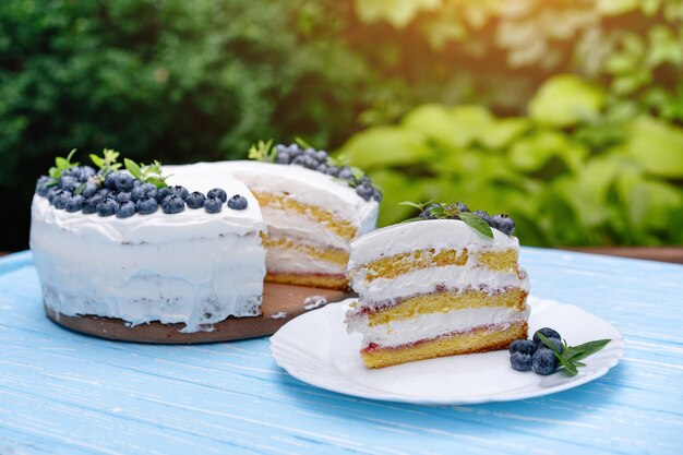 Il cuscino appetitoso del biscotto della torta di cheesecake ha decorato i mirtilli e la menta crema bianchi decorati sta sulla tavola rustica blu di legno contro i verdi dell'estate del fondo.