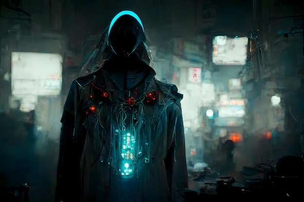 Il cybermago oscuro stregone cyberpunk in un mantello con una rete neurale del cappuccio ha generato l'arte