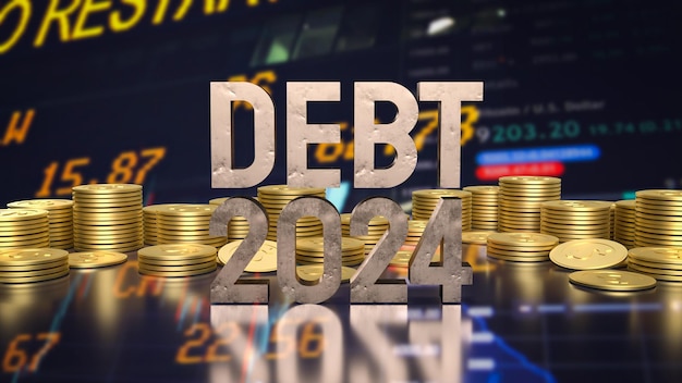 Il debito 2024 e le monete d'oro per il rendering 3d del concetto di business