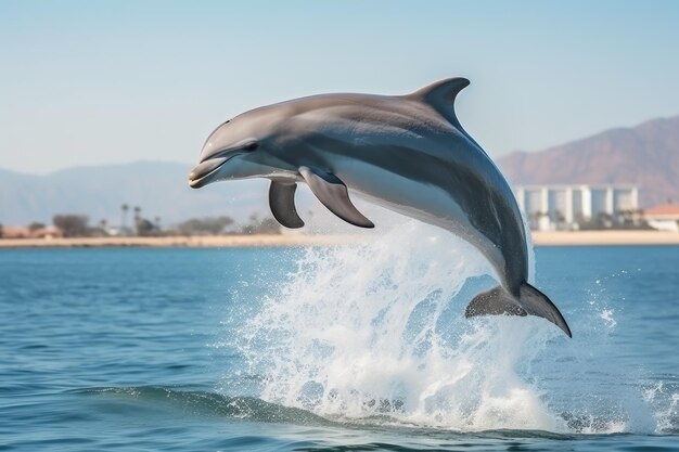 Il delfino salta nel mare blu in un luogo pittoresco