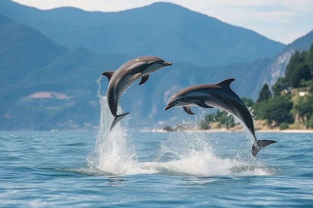 Il delfino salta nel mare blu in un luogo pittoresco