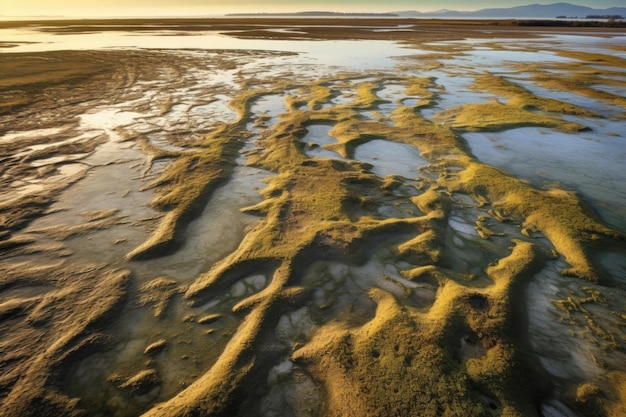 Il delta del fiume durante la bassa marea rivela banchi di sabbia e canali creati con l'intelligenza artificiale generativa