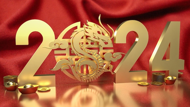 Il denaro cinese d'oro e lo zodiaco del drago per il rendering 3d dell'anno 2024