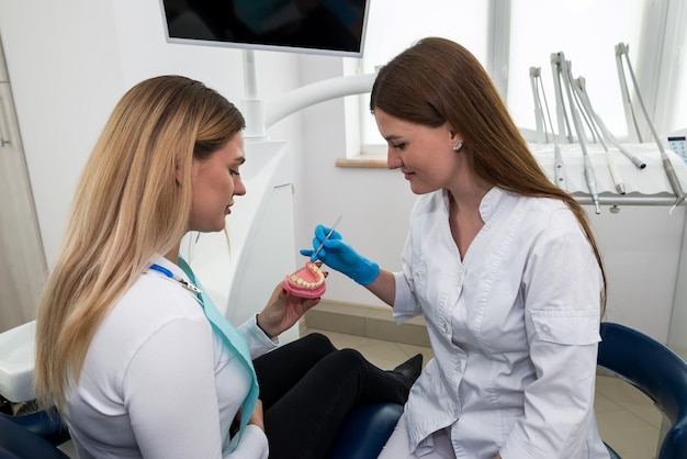 Il dentista mostra un modello in plastica della mascella Una dentista donna mostra a un paziente un modello visivo di denti umani Spiega come lavarsi i denti