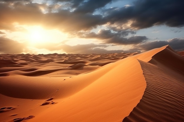 Il deserto del Sahara estende all'infinito il suo drammatico paesaggio catturando i sensi Vaste dune salgono e scendono scolpite dal vento IA generativa