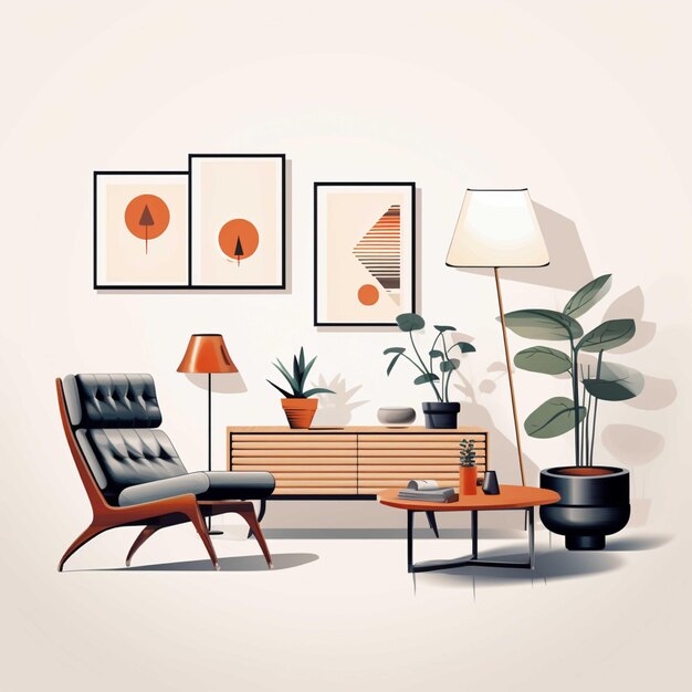 Il design degli interni del soggiorno moderno con mobili 3d rende l'illustrazione