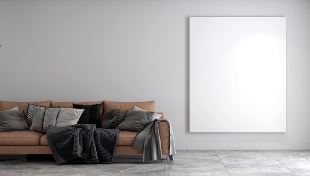 Il design degli interni del soggiorno moderno e lo sfondo bianco della parete del modello
