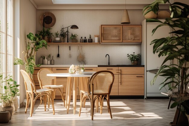 Il design degli interni di una zona cucina in una casa moderna è splendidamente decorato con un comò in rattan a cap