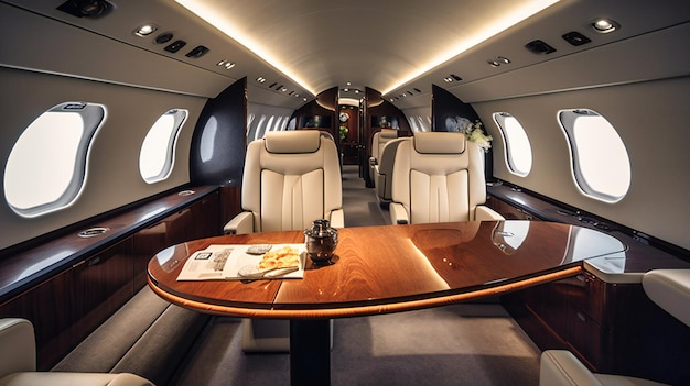 Il design degli interni moderno ed elegante di un business jet catturato da una prospettiva aerea unica