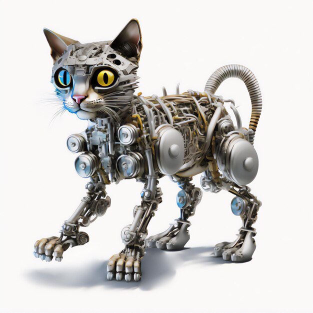 Il design del gatto robot brilla su uno sfondo bianco