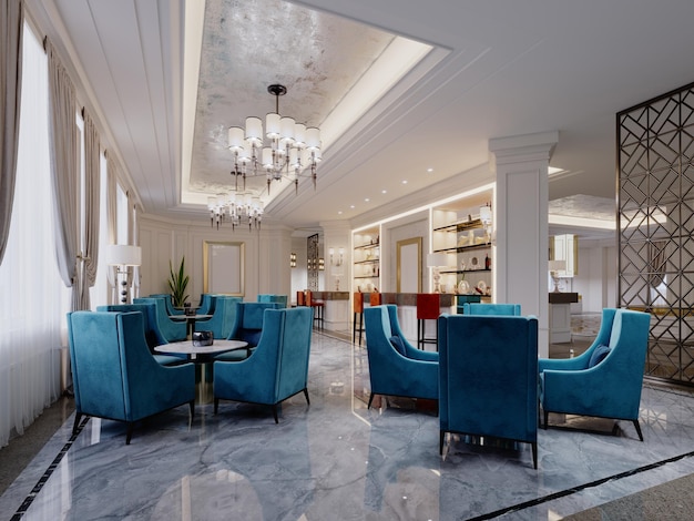 Il design del ristorante è in stile classico con seggioloni blu brillante e tavoli rotondi nell'atrio di un grande hotel rendering 3D