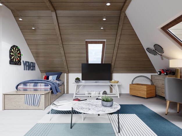Il design della stanza dei bambini per l'adolescente in soffitta è in stile loft, il soffitto è bordato di legno e le pareti sono bianche. Rendering 3D.