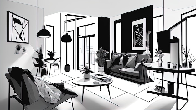 Il design dello schizzo interno del soggiorno 3d rende in bianco e nero