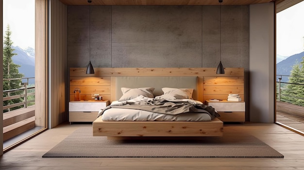 Il design di un'accogliente camera da letto in stile minimalista utilizzando solo materiali naturali generati dall'intelligenza artificiale