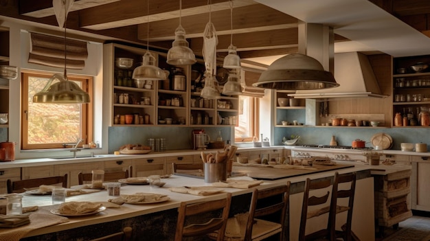 Il design moderno degli interni dello chalet della cucina di casa di campagna con mobili in legno Generativo AI AIG27