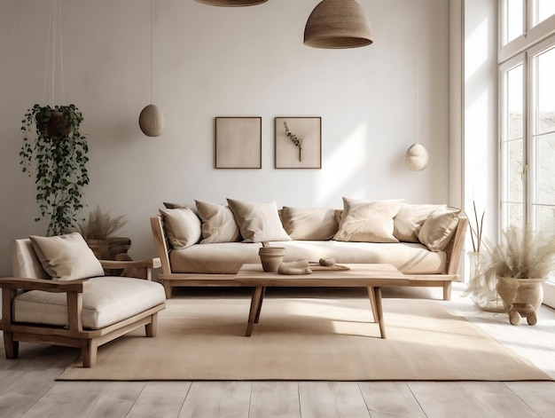 Il design rustico degli interni del soggiorno moderno con divano e cuscini in tessuto beige