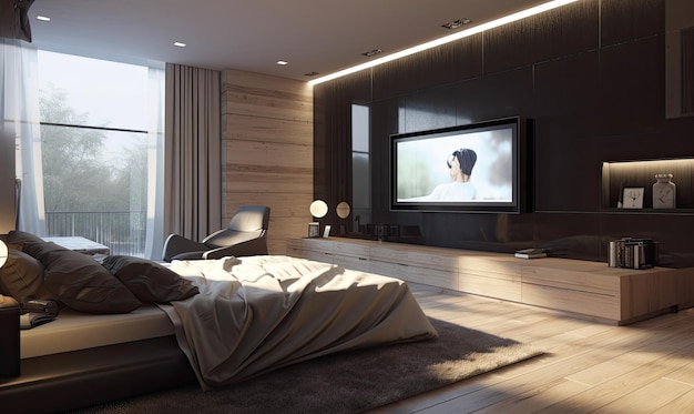 Il design unico della camera da letto è completato da un'accattivante TV Creazione utilizzando strumenti di intelligenza artificiale generativa