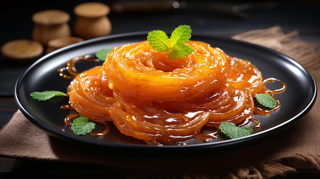 Il dessert Jalebi servito su un piatto bianco su un tavolo di legno